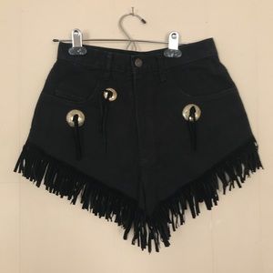 VTG 90s Western Hi Waist Black Tassel Jean Shorts